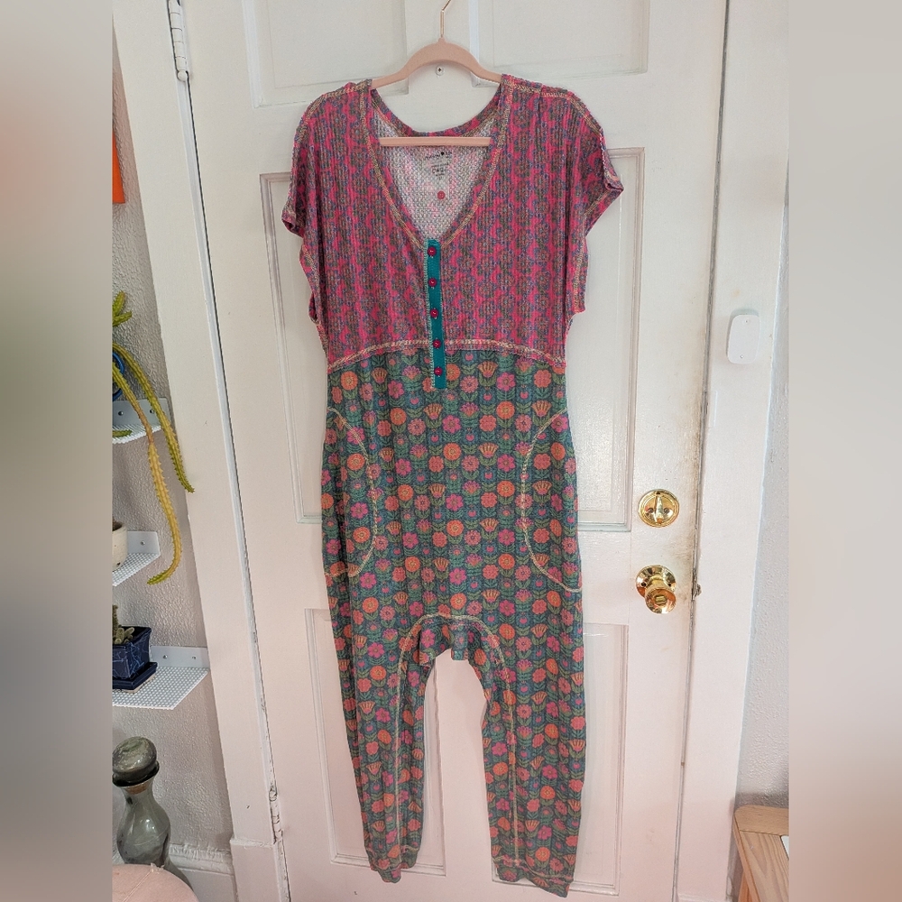 Natural Life Waffle Knit 100% Cotton Pink and Green Jumpsuit Pajamas - Picture 2 of 3